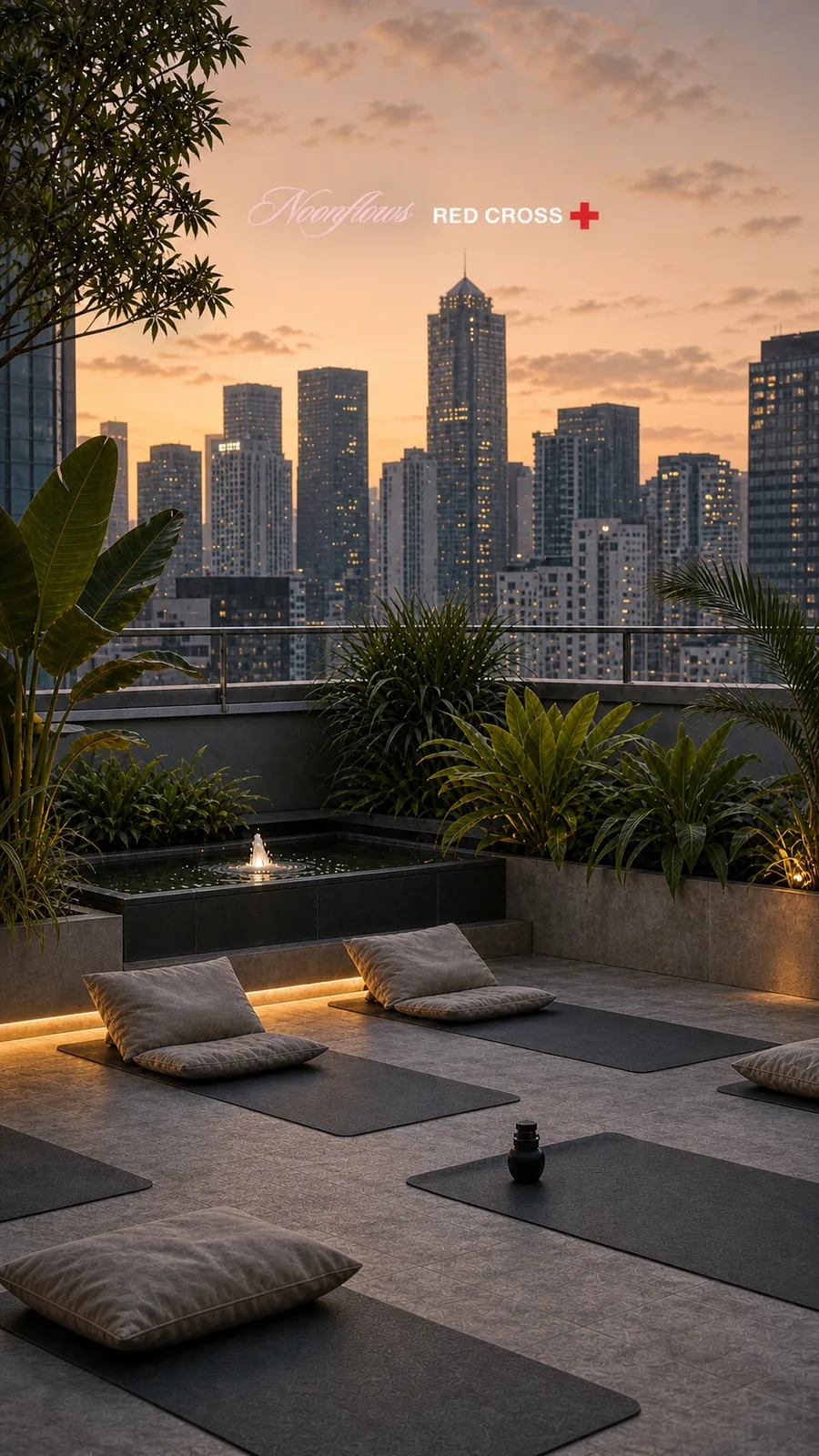 Yoga mats and cushions laid out on a planted rooftop terrace at dusk, a city skyline behind it