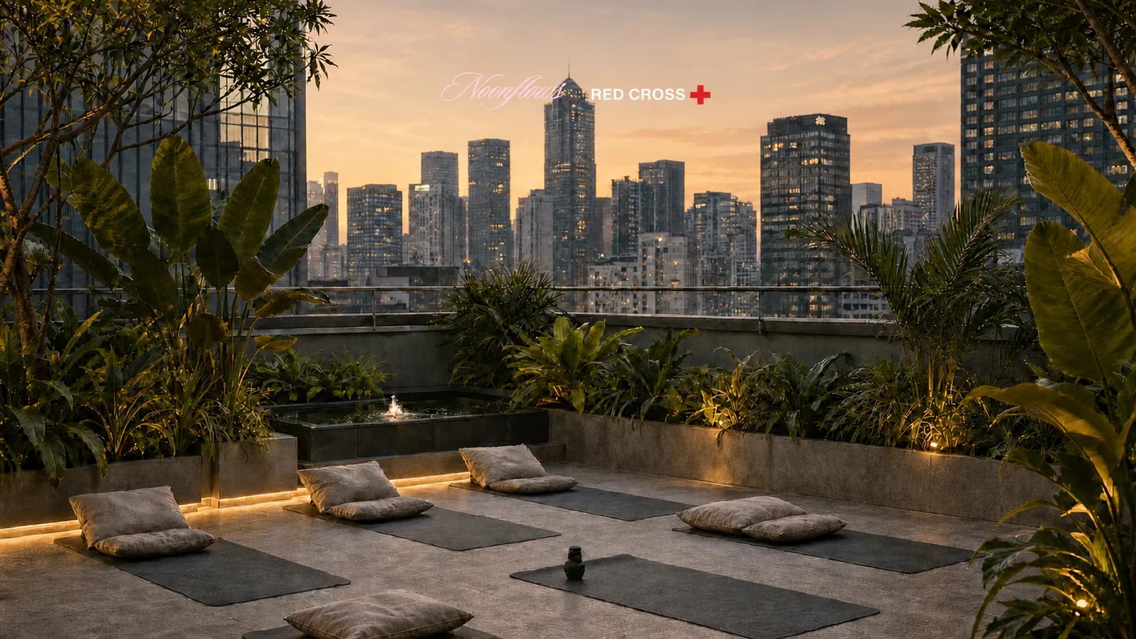 Yoga mats and cushions laid out on a planted rooftop terrace at dusk, a city skyline behind it